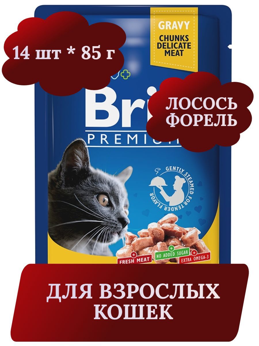 Brit Premium Cat Pouches Влажный корм для взрослых кошек, кусочки в соусе с лососем и форелью, 85г х 14шт фото