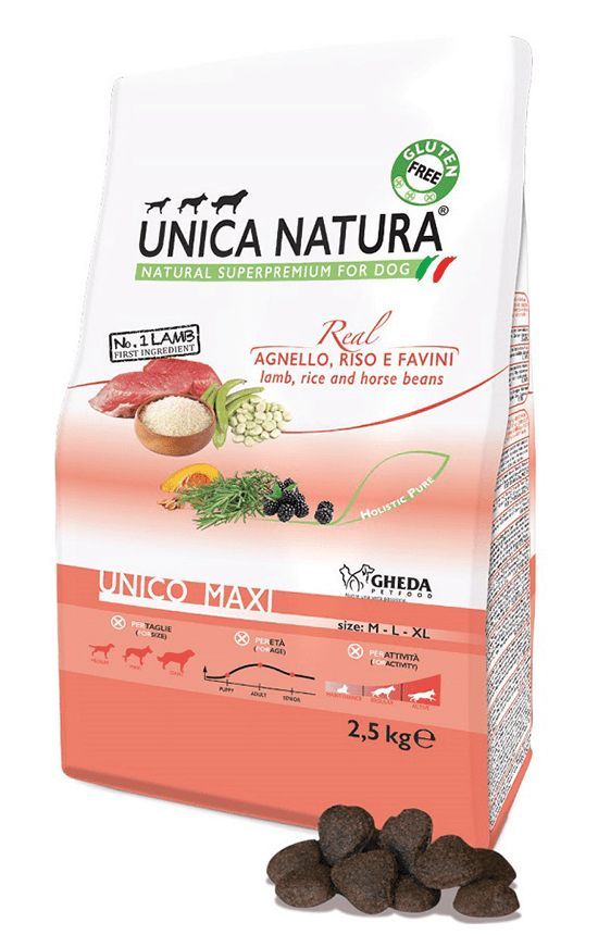 Unica Natura Maxi сухой корм для взрослых собак средних и крупных пород ягнёнок, рис, конские бобы, 2,5 кг фото