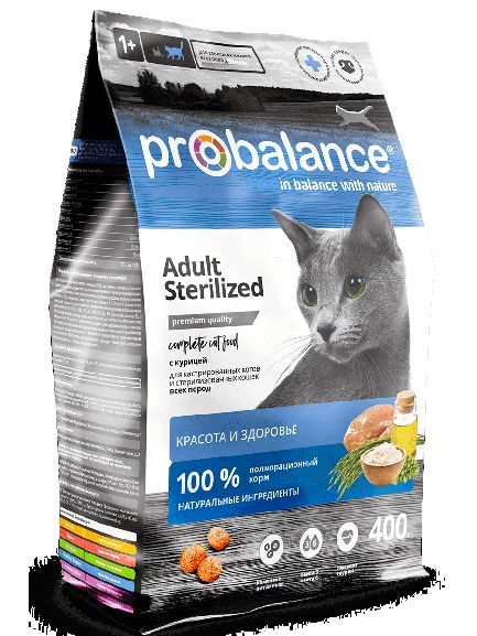 ProBalance Sterilized Корм сухой для стерилизованных кошек и кастрированных котов (курица-рис), 400г фото